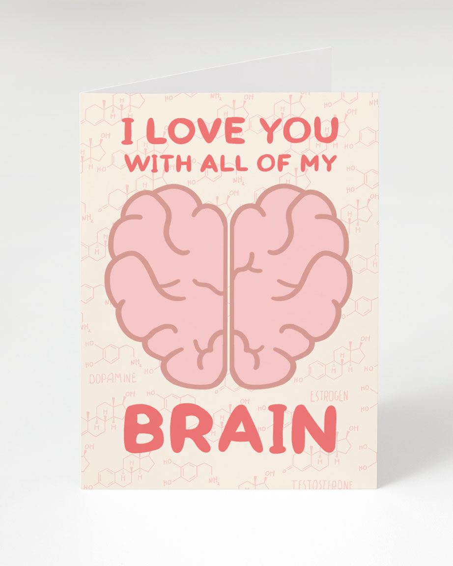 Brain love greeting card by cognitive surplus, pink, 100% recycled paper