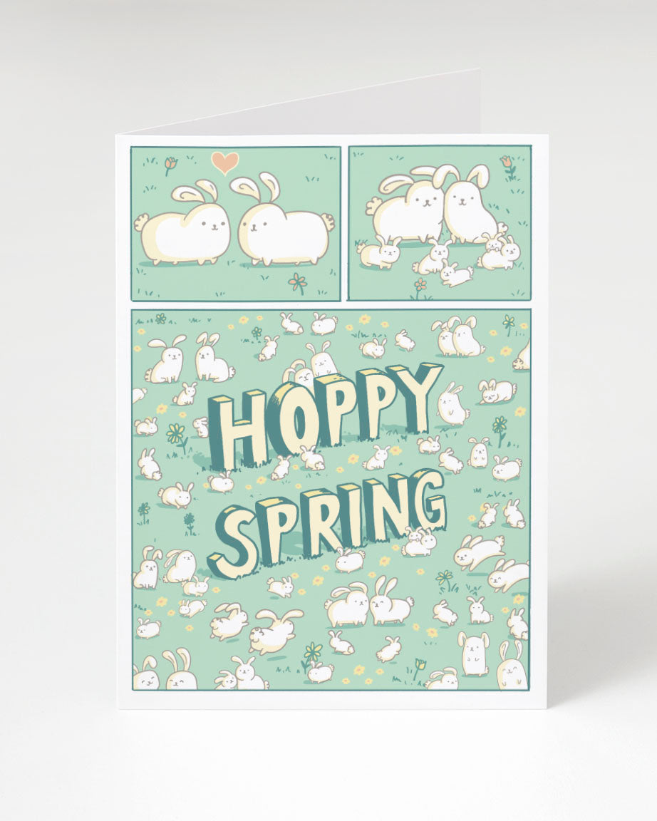 Hoppy Spring greeting card by Cognitive Surplus, light green, yellow, and white, 100% recycled paper