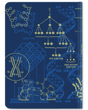 Back cover of Genetics DNA Hardcover dot grid notebook by Cognitive Surplus, blue and yellow, 100% recycled paper