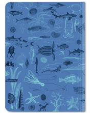 Back cover of Marine animals hardcover dot grid notebook by Cognitive Surplus, sea blue, 100% recycled paper
