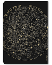 Back cover of Astronomy Star Chart hardcover dot grid notebook by Cognitive Surplus, black and gold, 100% recycled paper