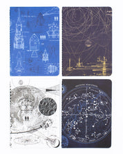Covers of Space Science research 4 pack by Cognitive Surplus, mini softcover, 100% recycled paper, field notes