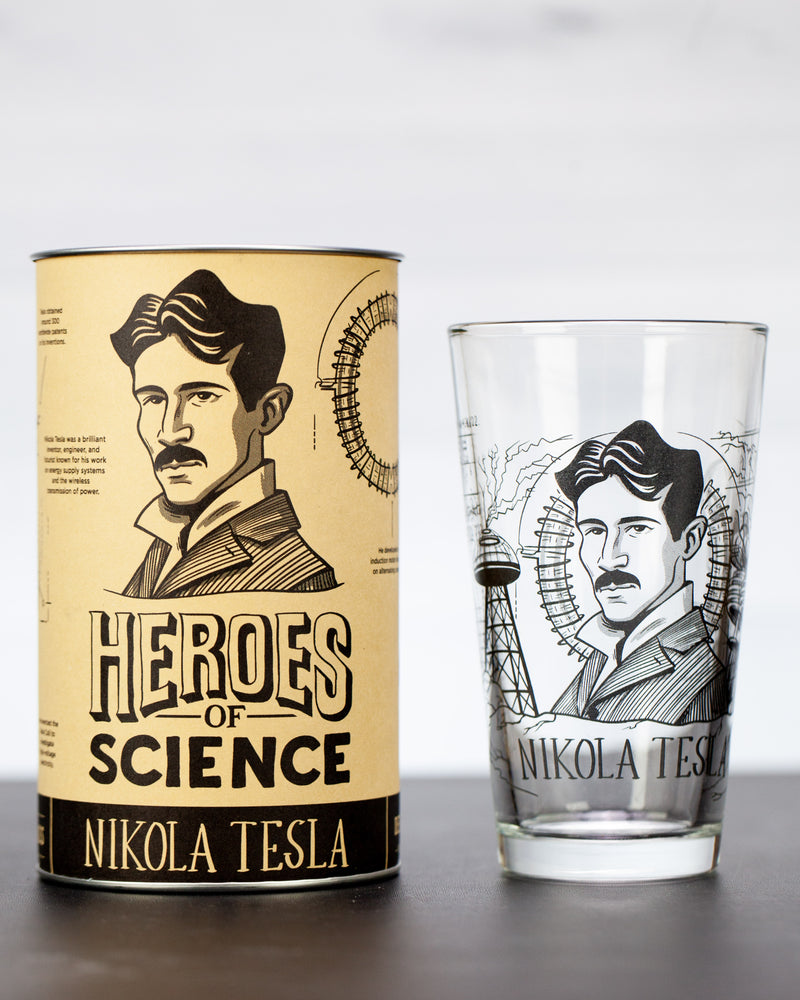 Nikola Tesla pint glass by Cognitive Surplus with metal-capped tube