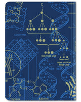 Back cover of Genetics mini hardcover dot grid notebook by Cognitive Surplus, royal blue and marigold yellow, 100% recycled paper