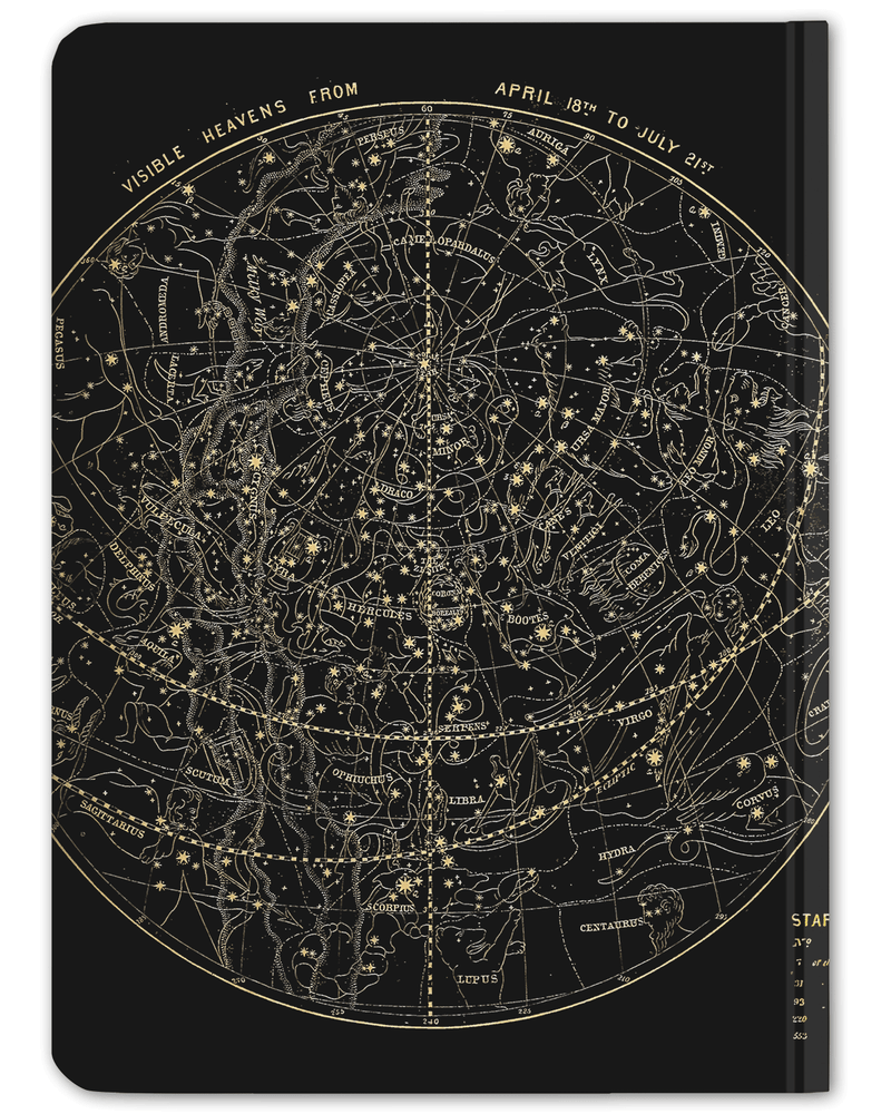 Back cover of Astronomy Star Chart hardcover dot grid notebook by Cognitive Surplus, black and gold, 100% recycled paper